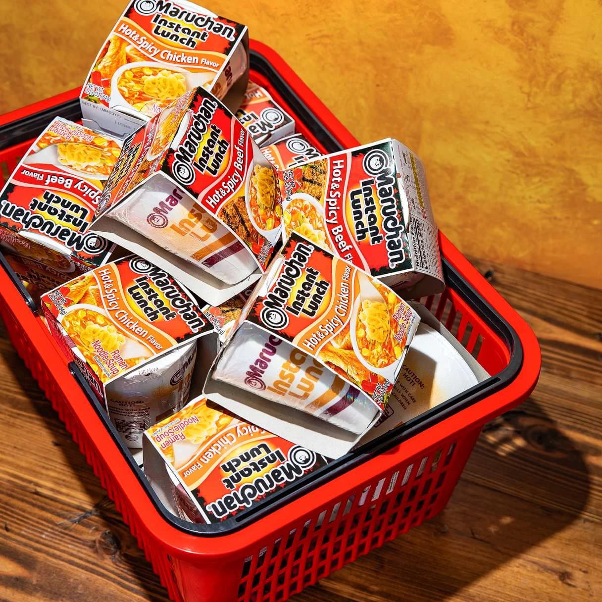 Grocery cart full of instant lunch hot and spicy beef flavor ramen
